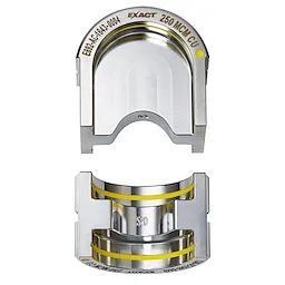 The FORCELOGIC™ M18™ 750 MCM Crimper Kit. Image shows the crimping dies with the top die labeled "250 MCM CU" and the bottom die labeled "520." Both are shiny metal with yellow accents and fit together during operation.
