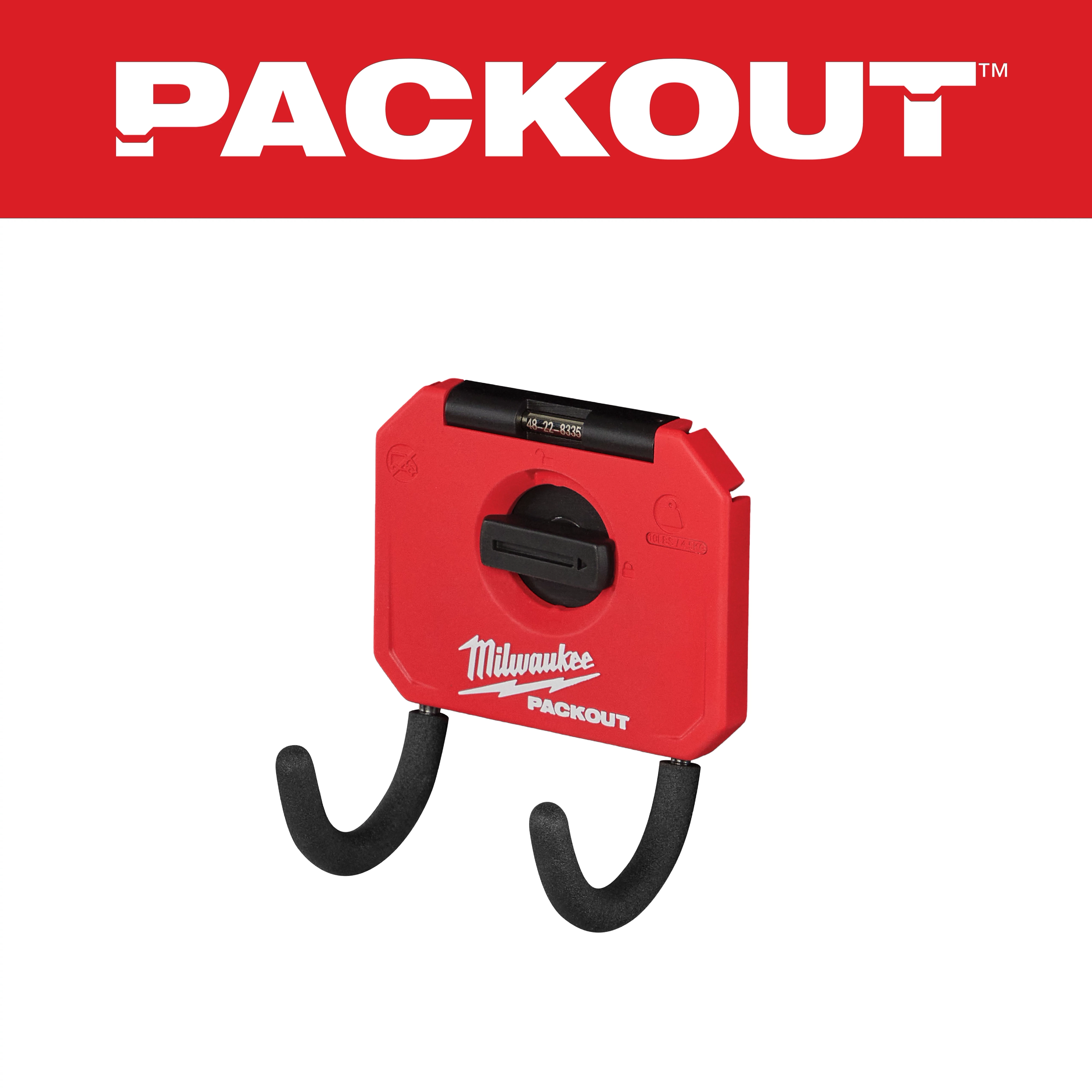 The PACKOUT 3” Curved Hook features a red square base with two black rubber-coated hooks for easy attachment and storage.