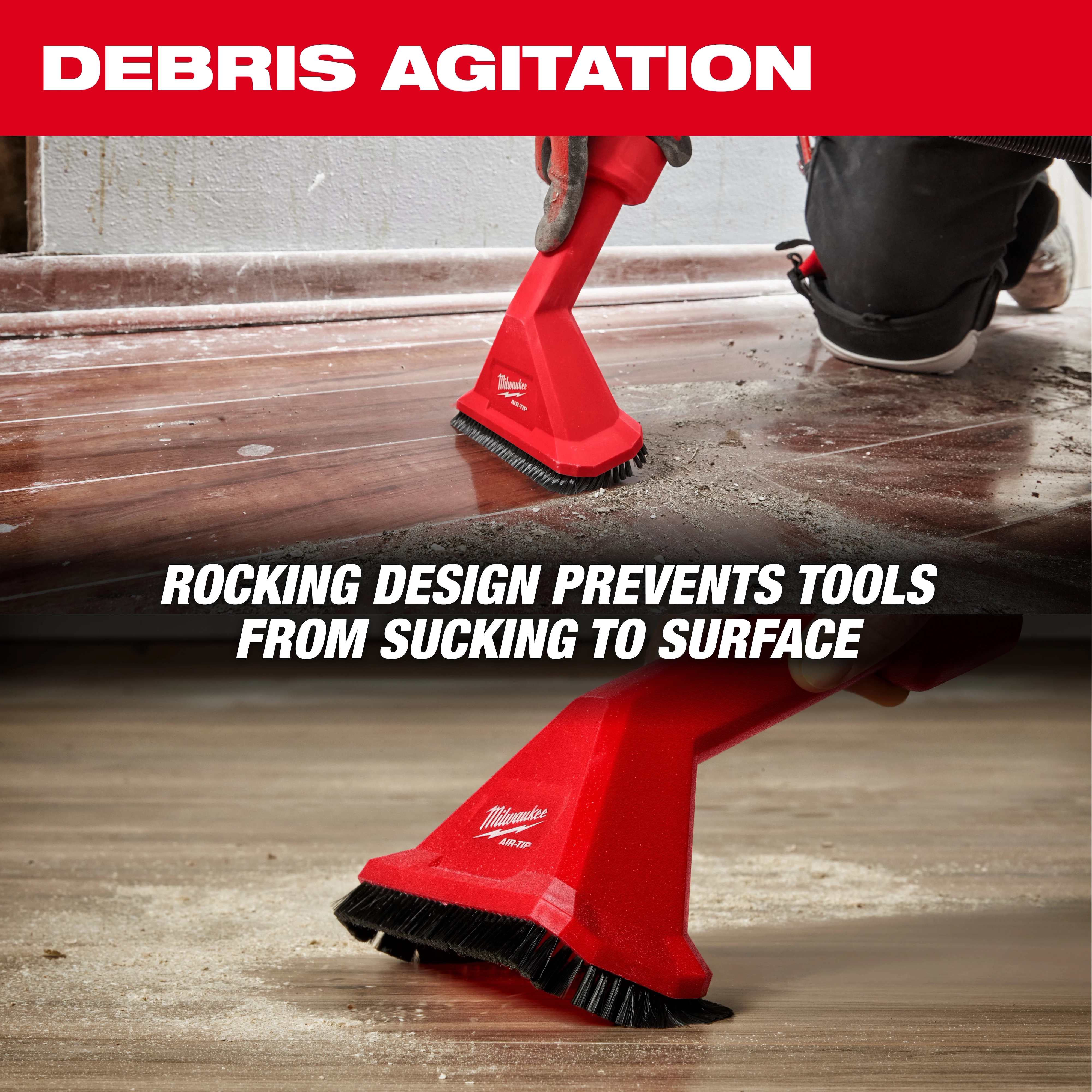 Image showing the AIR-TIP™ Rocking Utility Nozzle w/ Brushes in use. The top part displays the nozzle being used on a dusty wooden floor with the title "DEBRIS AGITATION." Below, a close-up of the nozzle emphasizes its design, with text stating, "ROCKING DESIGN PREVENTS TOOLS FROM SUCKING TO SURFACE."