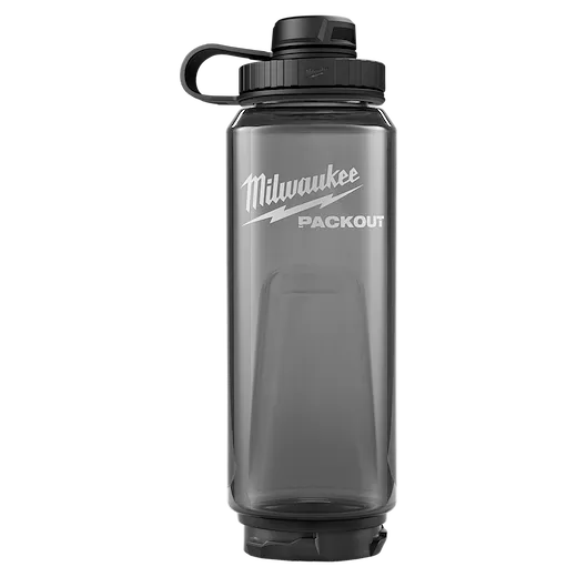 PACKOUT 34oz Bottle with Tether Lid standing upright with a screw-on cap and carrying loop.