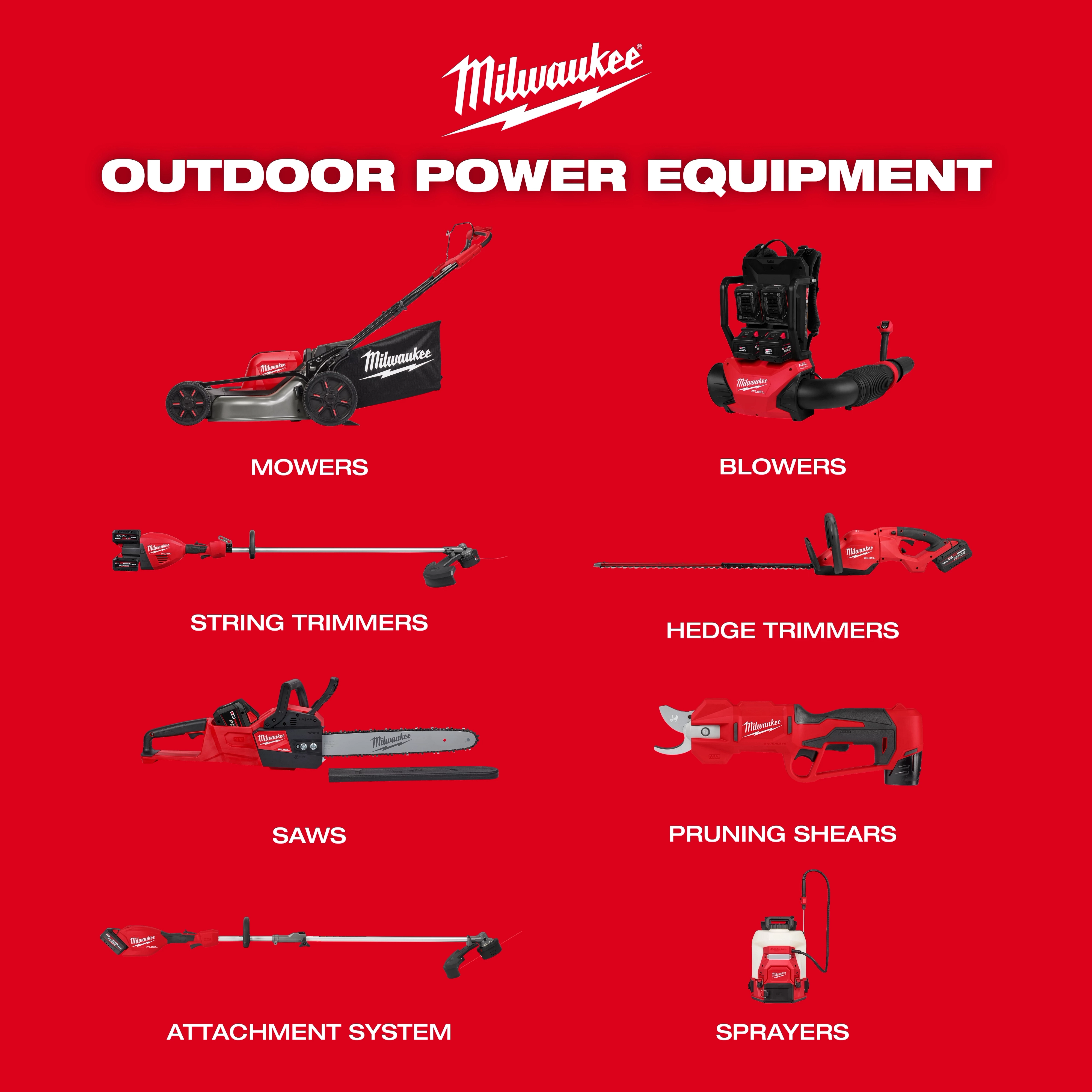 Milwaukee Outdoor Power Equipment displayed on a red background includes mowers, blowers, string trimmers, hedge trimmers, saws, pruning shears, an attachment system, and sprayers.