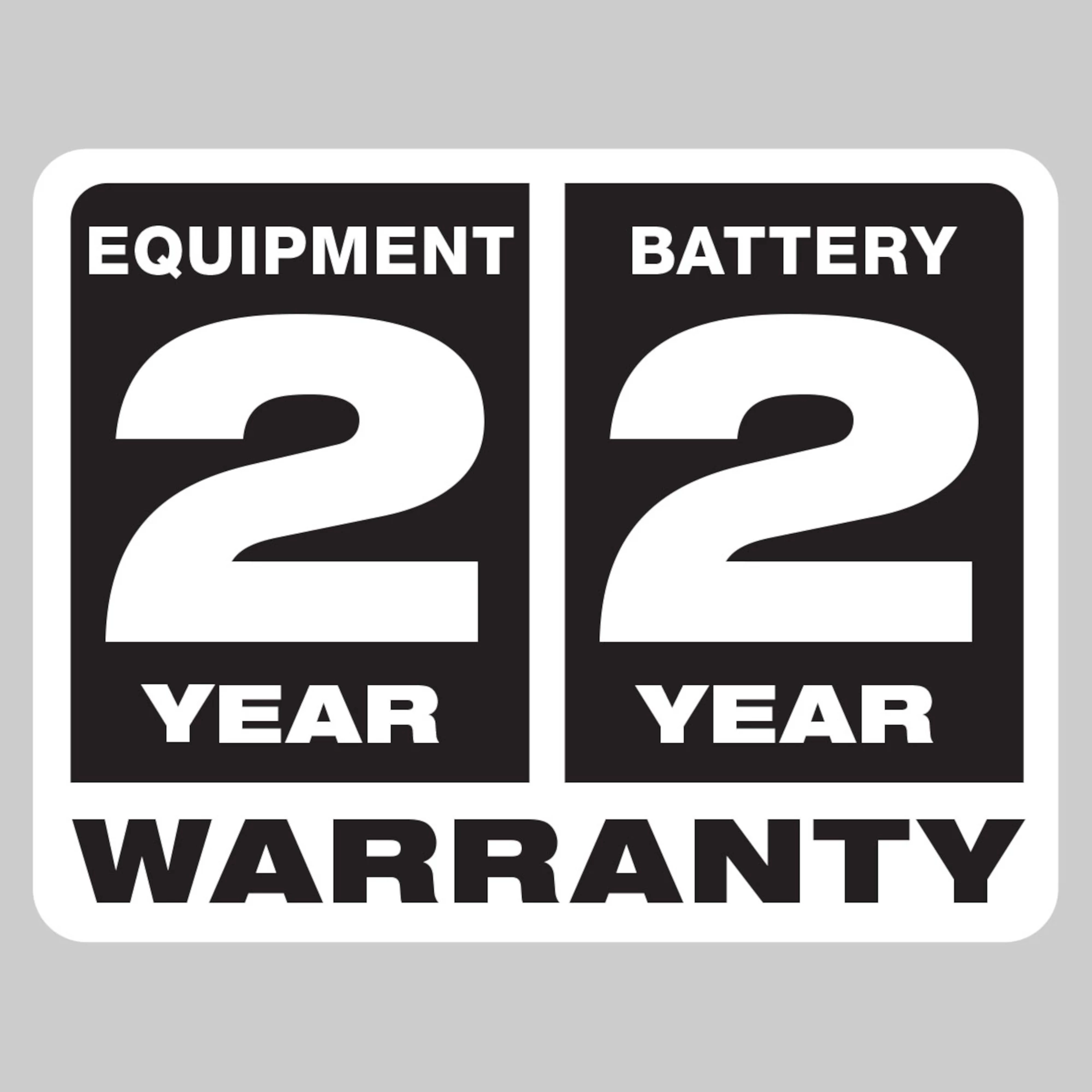 Two-year equipment and battery warranty logo, displaying large white text "2 Year Warranty" on a black rectangular background.