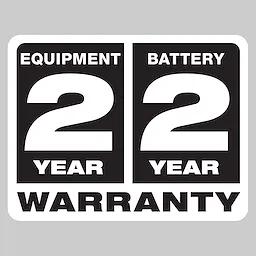 Two-year equipment and battery warranty logo, displaying large white text "2 Year Warranty" on a black rectangular background.