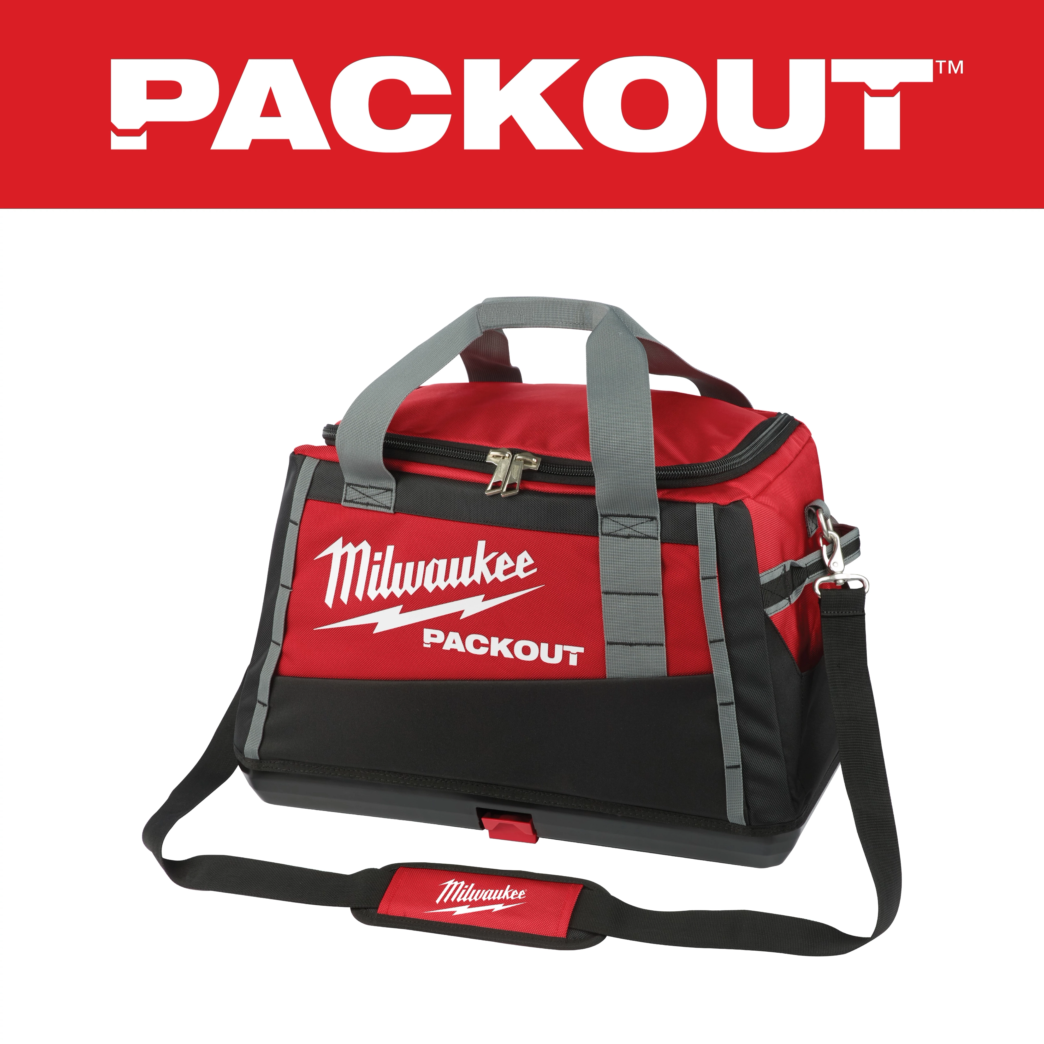 The Milwaukee PACKOUT tool bag is red and black with gray handles, a zippered top, and an adjustable shoulder strap.