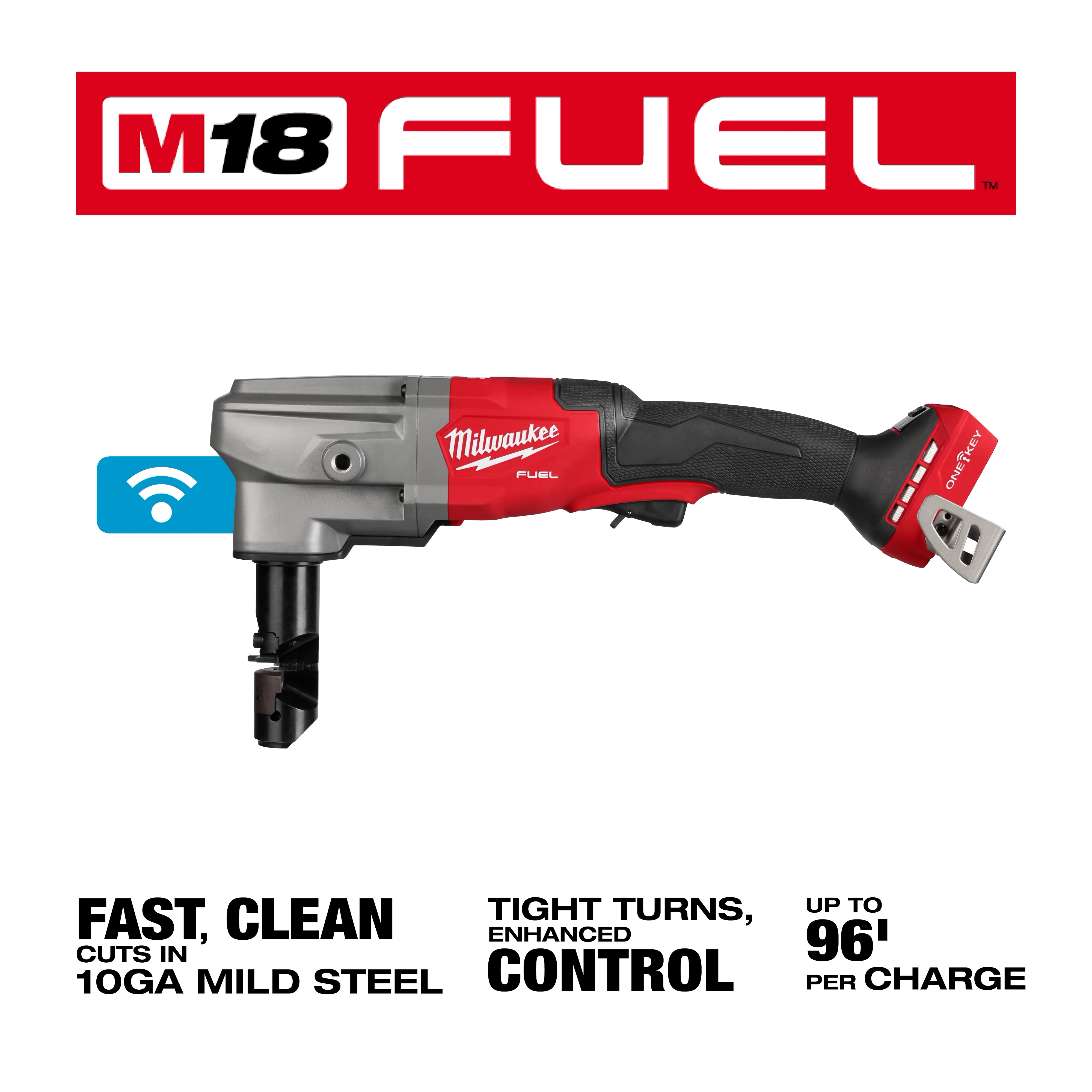 Image of the M18 FUEL™ 10 Gauge Nibbler from Milwaukee Tools. The tool is gray and red with a black handle. Text highlights fast, clean cuts in 10GA mild steel, tight turns and enhanced control, and up to 96 feet per charge.