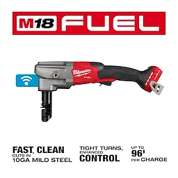 Image of the M18 FUEL™ 10 Gauge Nibbler from Milwaukee Tools. The tool is gray and red with a black handle. Text highlights fast, clean cuts in 10GA mild steel, tight turns and enhanced control, and up to 96 feet per charge.