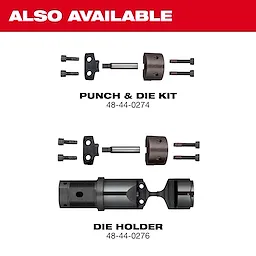 The image shows two M18 Nibbler Accessories: a punch and die kit (part number 48-44-0274) and a die holder (part number 48-44-0276). The components include various screws and attachments. The text at the top reads "Also Available."