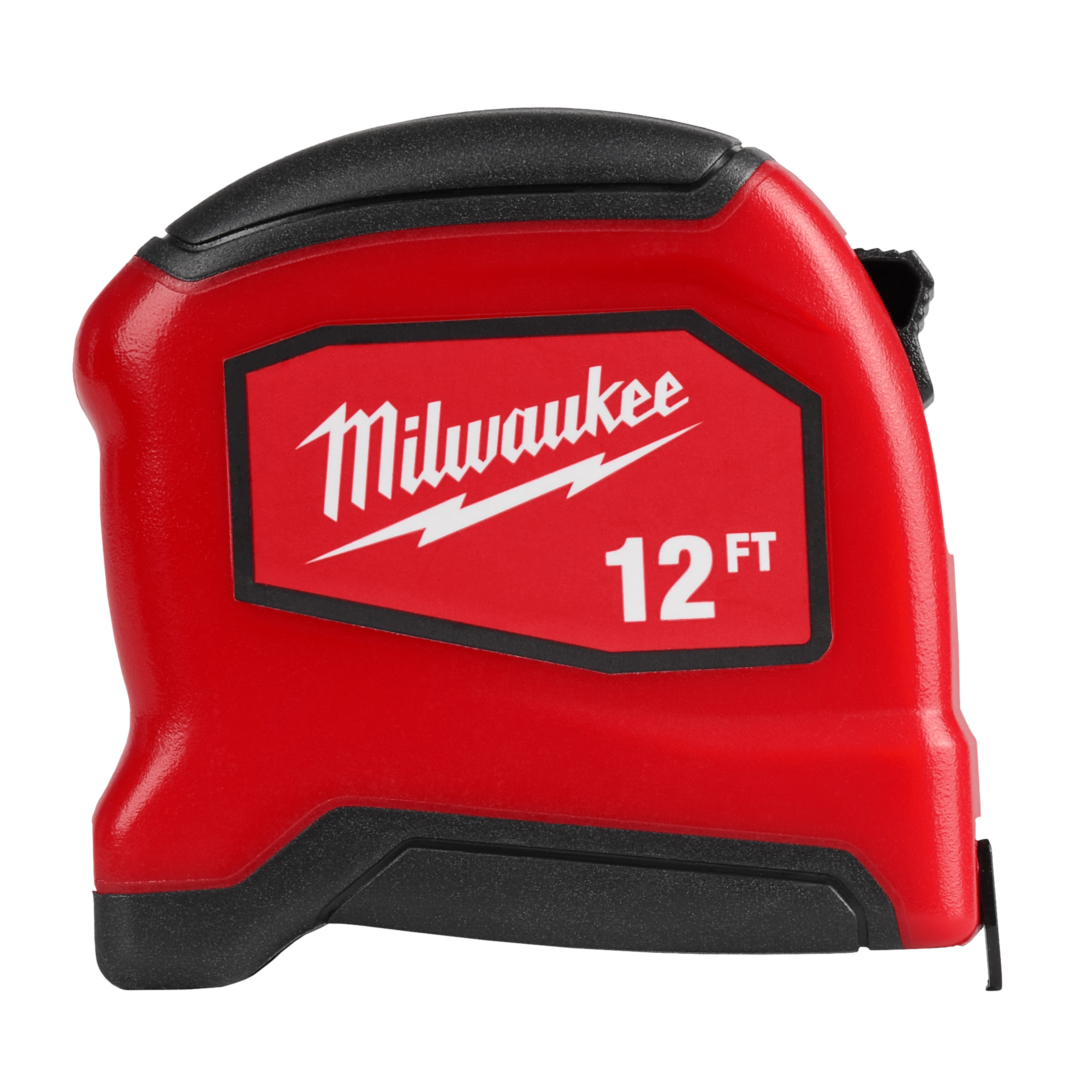 Red 12ft Tape Measure with black accents standing upright against a plain background.