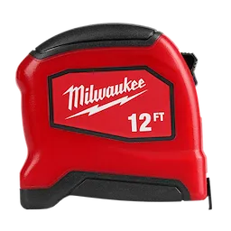 Red 12ft Tape Measure with black accents standing upright against a plain background.