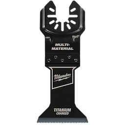Milwaukee Open-Lok 1-3/4" Titanium Charged Bi-Metal Multi-Material Multi-Tool Blade, black with white text and logo, showcases versatility.