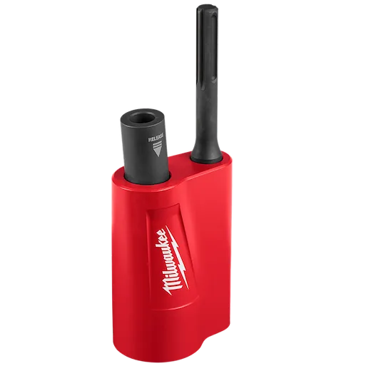The SDS Max Side Load Ground Rod Driver is a red, cylindrical tool with two black components, designed for driving rods into the ground. It features a release button and a visible brand logo on the side.