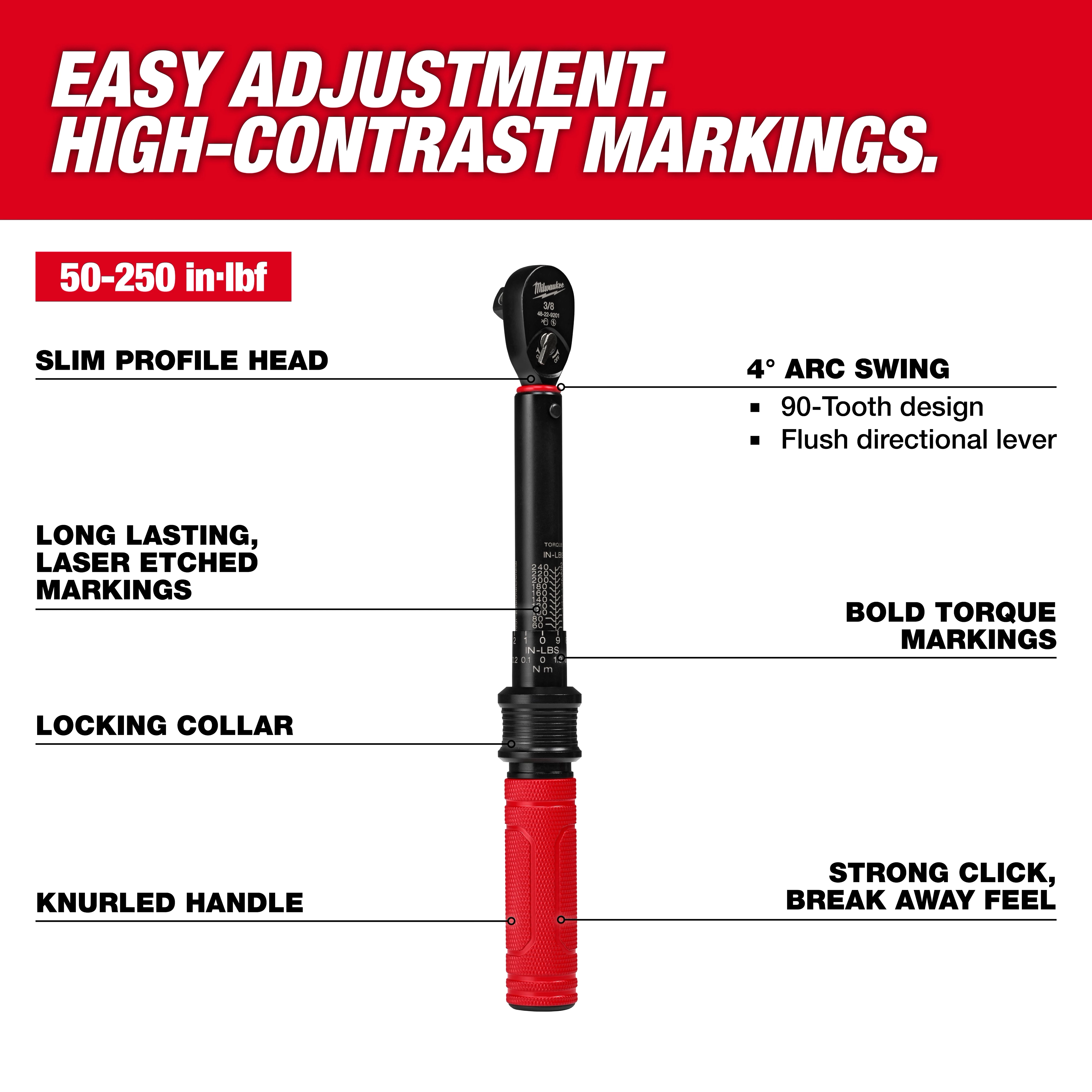 3/8” Drive Click Torque Wrench (50-250 in·lbf) with high-contrast markings, slim profile head, locking collar, and knurled handle.
