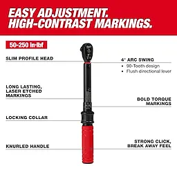 3/8” Drive Click Torque Wrench (50-250 in·lbf) with high-contrast markings, slim profile head, locking collar, and knurled handle.