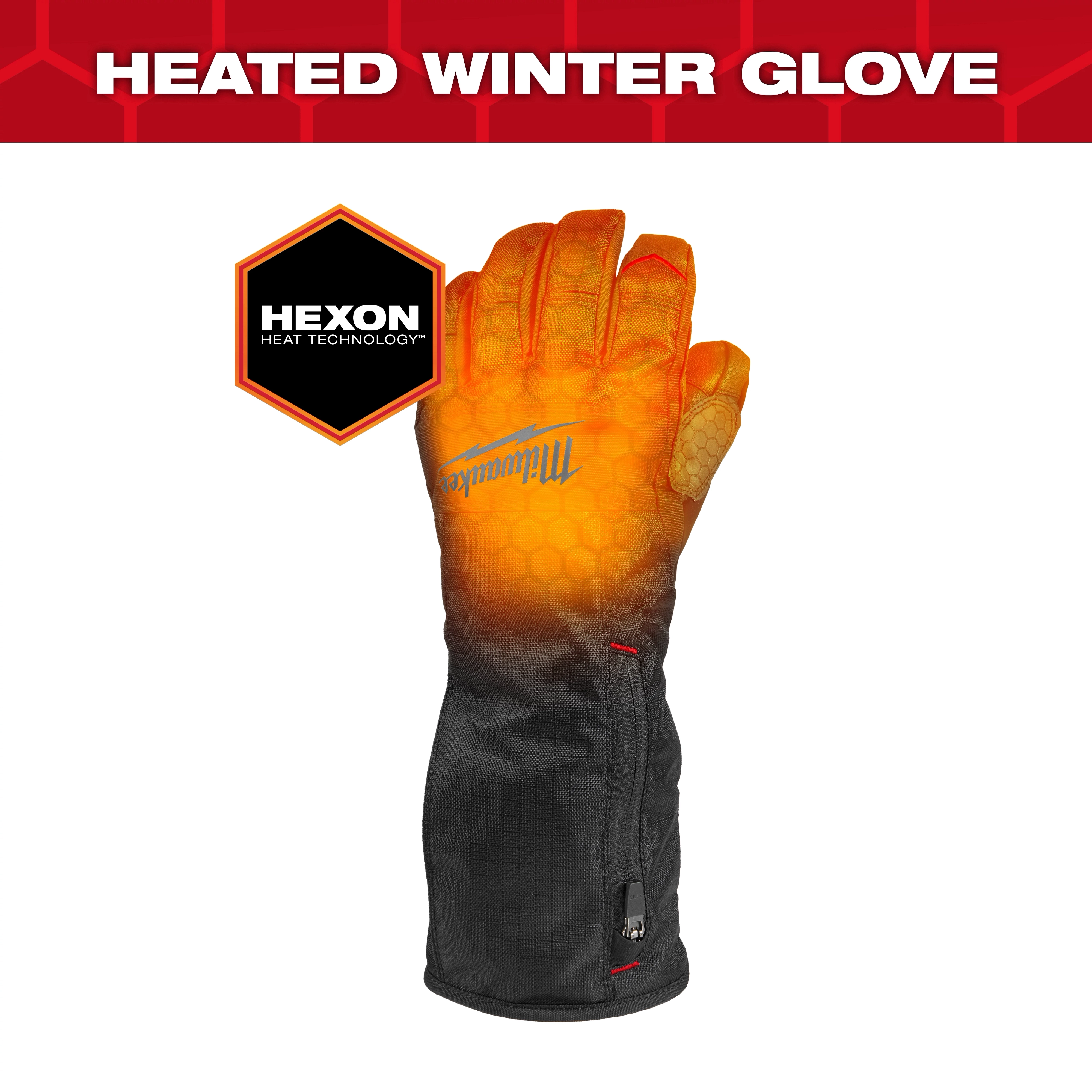 Heated Winter Gloves with Hexon Heat Technology by Milwaukee are displayed. The image shows a black glove with heating elements highlighted in orange. A hexagon logo that says "Hexon Heat Technology" is also visible.