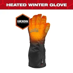 Heated Winter Gloves with Hexon Heat Technology by Milwaukee are displayed. The image shows a black glove with heating elements highlighted in orange. A hexagon logo that says "Hexon Heat Technology" is also visible.