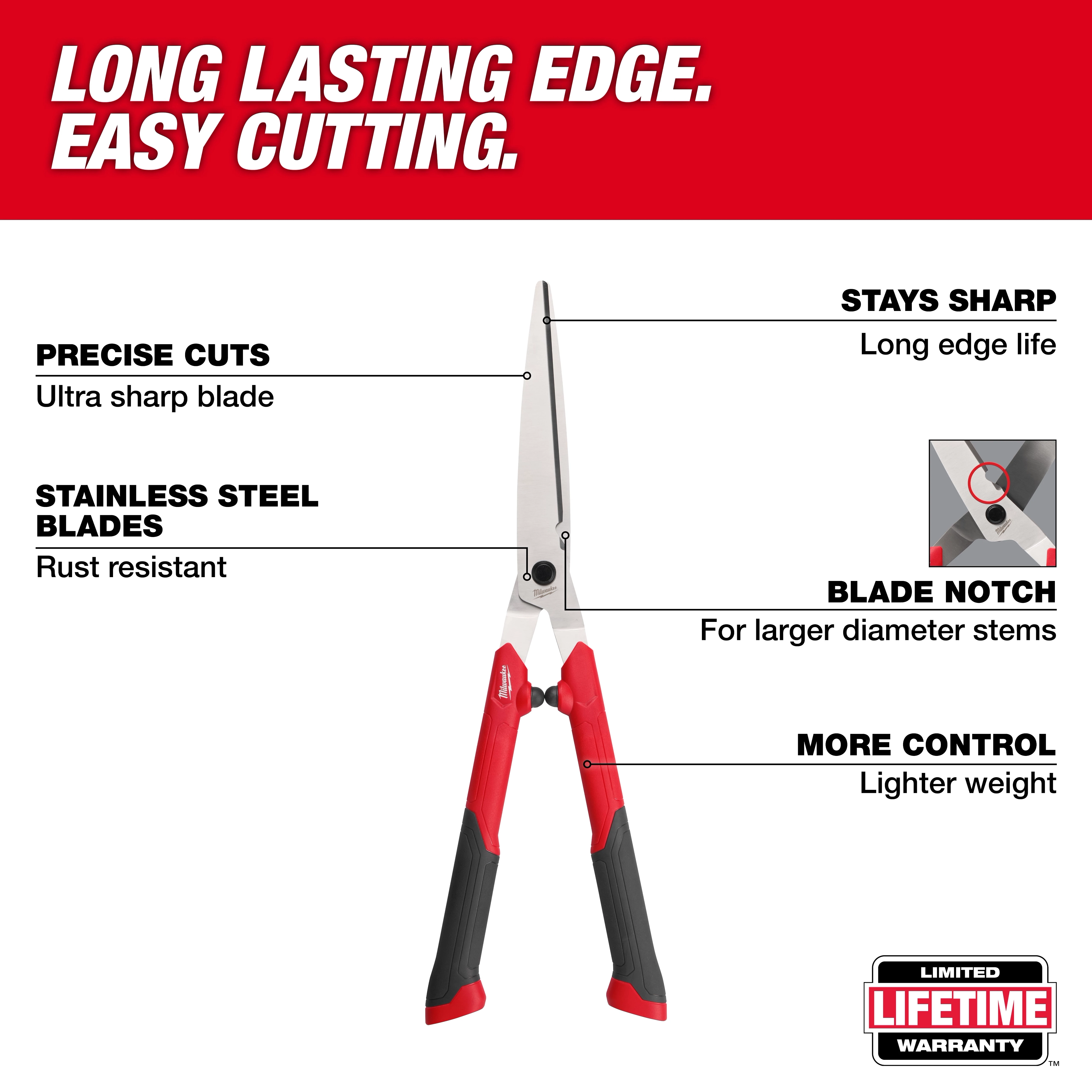 10” Hedge Shears with stainless steel blades and red and black handles centered on a red and white text background.