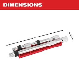 The image displays a set of metallic extension bars held on a red plastic holder. The dimensions of the holder are marked as 10 inches in length and 2 inches in height. The top of the image has the word "DIMENSIONS" in bold white letters on a red background.