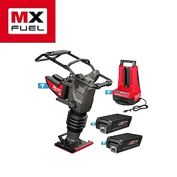 The image shows an MX FUEL™ 70 kg Rammer, accompanied by a red battery charger and two black batteries. The background features a white space with the MX FUEL™ logo in the upper left corner. The charger and batteries display the MX FUEL™ branding.