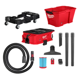 The image shows the Milwaukee M18 FUEL PACKOUT Wet/Dry Vacuum Kit. The kit includes a red vacuum, hoses, filter, extension wands, utility nozzle, wet nozzle, and a red storage box on a wheeled dolly. All items are arranged against a white background.