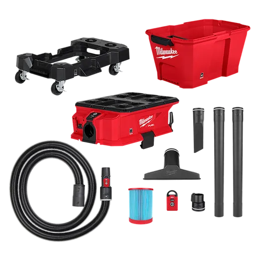 The image shows the Milwaukee M18 FUEL PACKOUT Wet/Dry Vacuum Kit. The kit includes a red vacuum, hoses, filter, extension wands, utility nozzle, wet nozzle, and a red storage box on a wheeled dolly. All items are arranged against a white background.