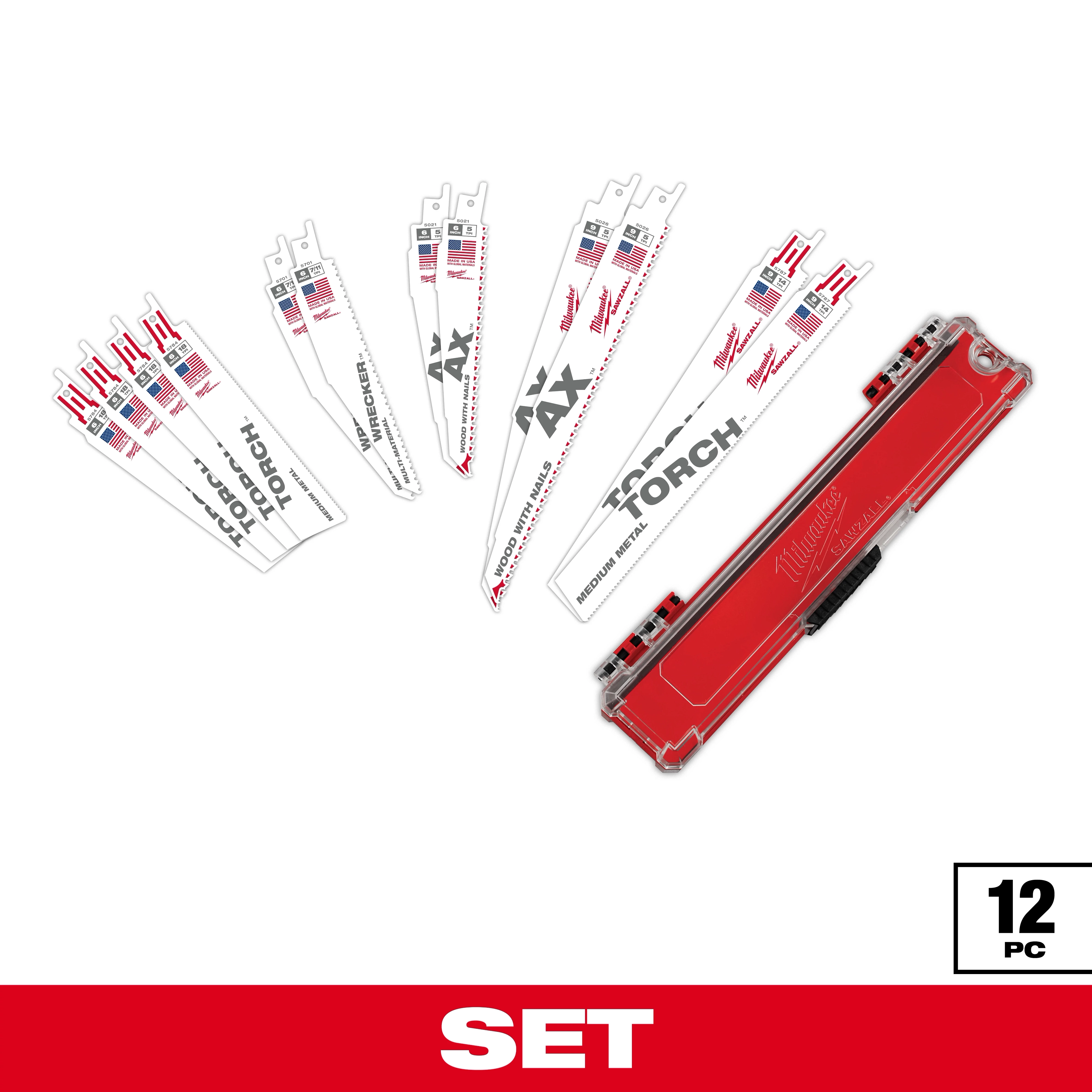 Milwaukee 12-piece reciprocating saw blade set includes various blade types for wood and metal cutting. The set features blades labeled Ax, Torch, and Wrecker, housed in a red storage case with Milwaukee branding. All blades have American flags indicating they are made domestically.