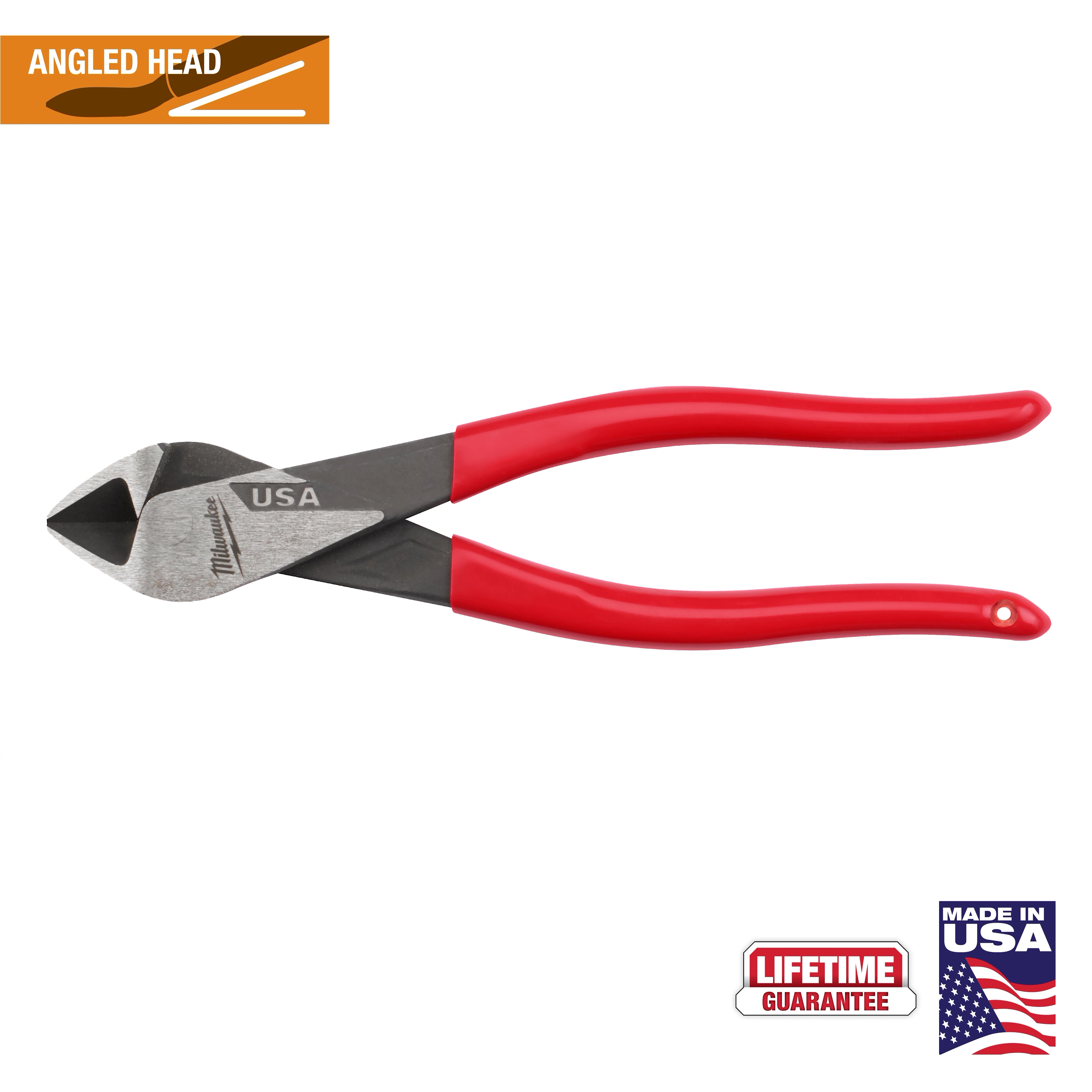 8" Angled Head Diagonal Dipped Grip Cutting Pliers (USA) with red handles and angled cutting edges. The image includes "Made in USA" and "Lifetime Guarantee" icons and an angled head graphic.