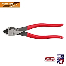 8" Angled Head Diagonal Dipped Grip Cutting Pliers (USA) with red handles and angled cutting edges. The image includes "Made in USA" and "Lifetime Guarantee" icons and an angled head graphic.