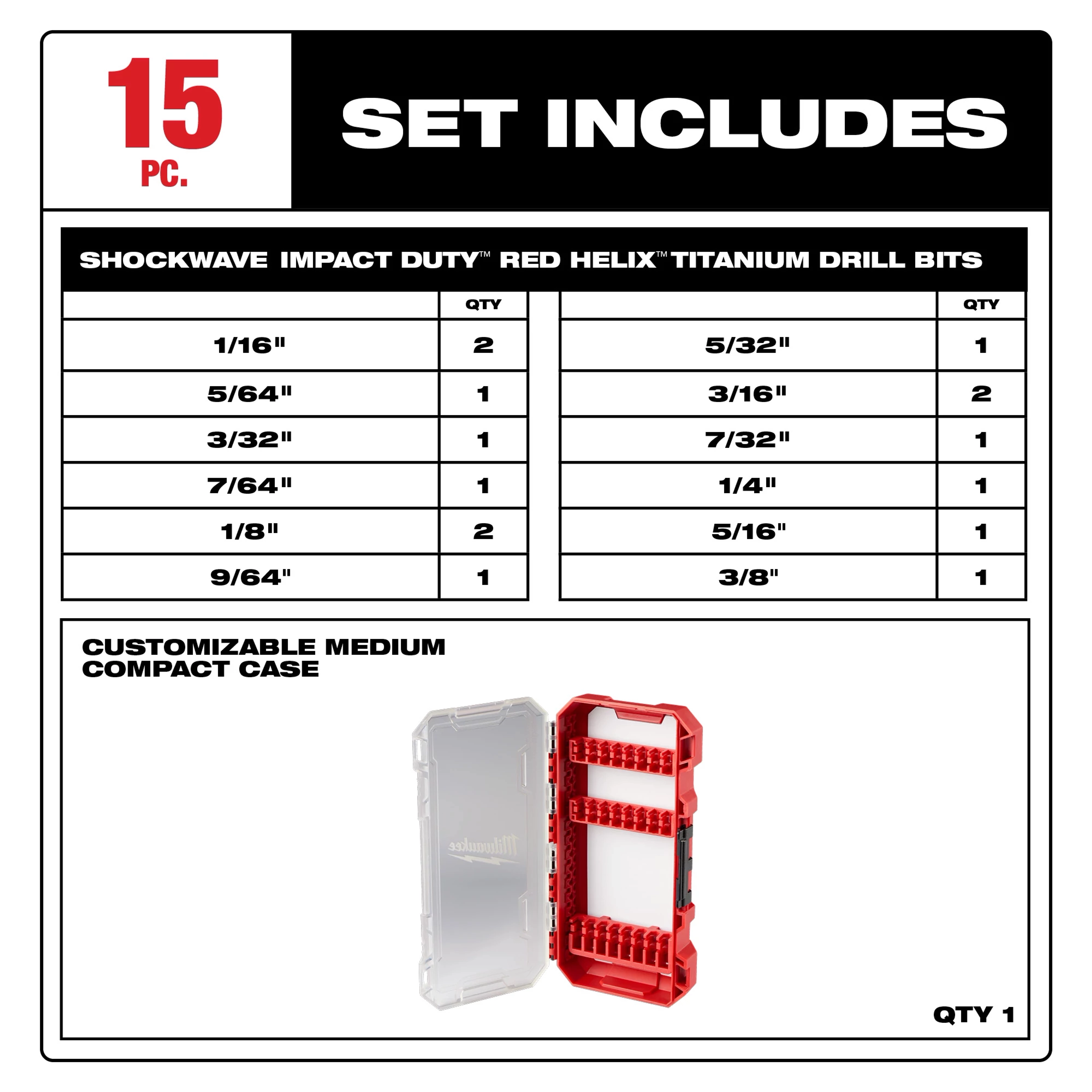SHOCKWAVE Impact Duty™ RED HELIX™ Titanium Drill Bit Set - 15PC