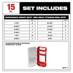 SHOCKWAVE Impact Duty™ RED HELIX™ Titanium Drill Bit Set - 15PC