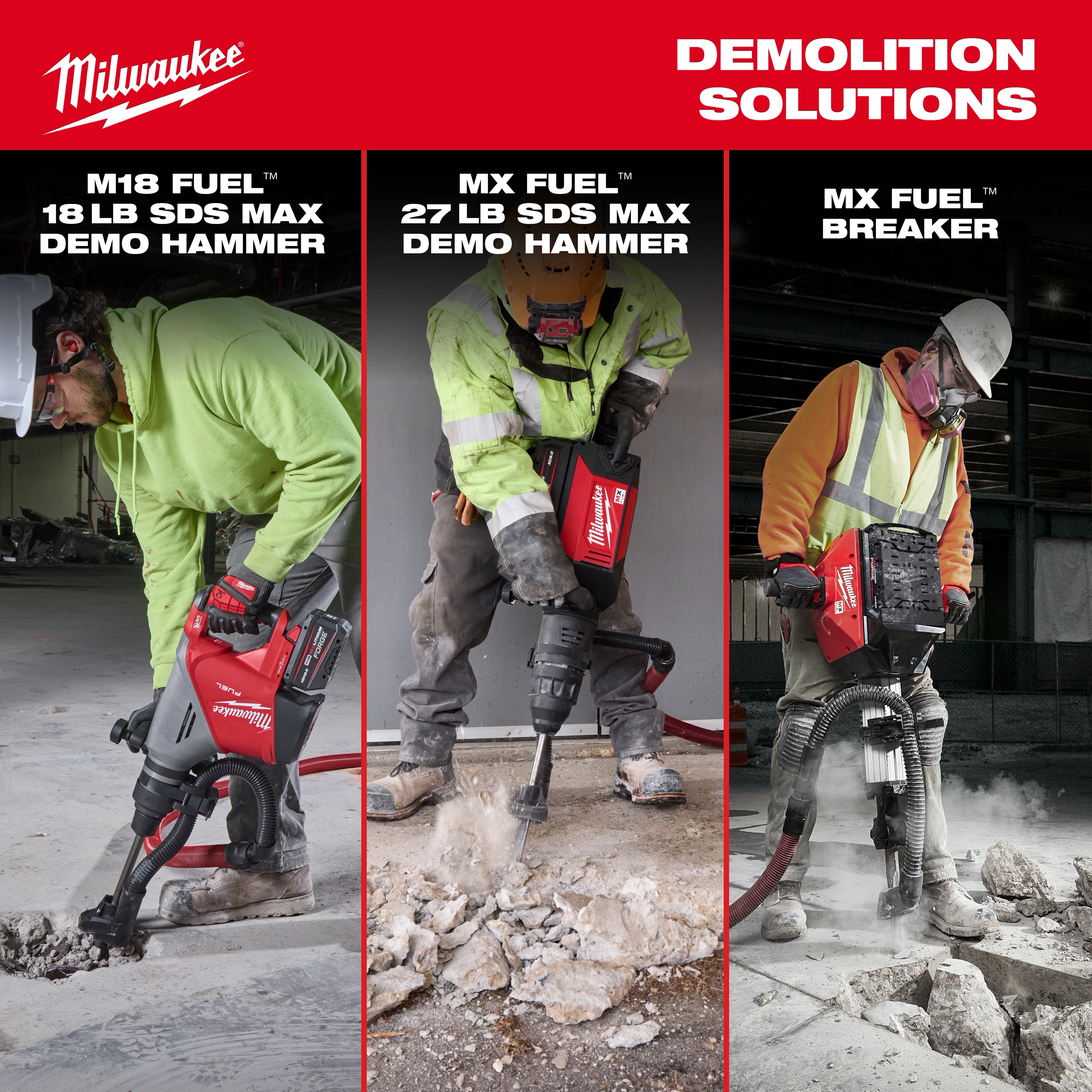 MX FUEL 27 lb SDS MAX Demolition Hammer breaking concrete on a construction floor.