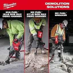 MX FUEL 27 lb SDS MAX Demolition Hammer breaking concrete on a construction floor.