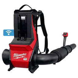 The image shows the MX FUEL™ Backpack Blower by Milwaukee, featuring a red and black design with a sturdy backpack frame, a flexible hose, and a control handle.