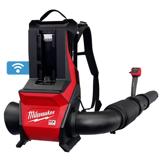 The image shows the MX FUEL™ Backpack Blower by Milwaukee, featuring a red and black design with a sturdy backpack frame, a flexible hose, and a control handle.