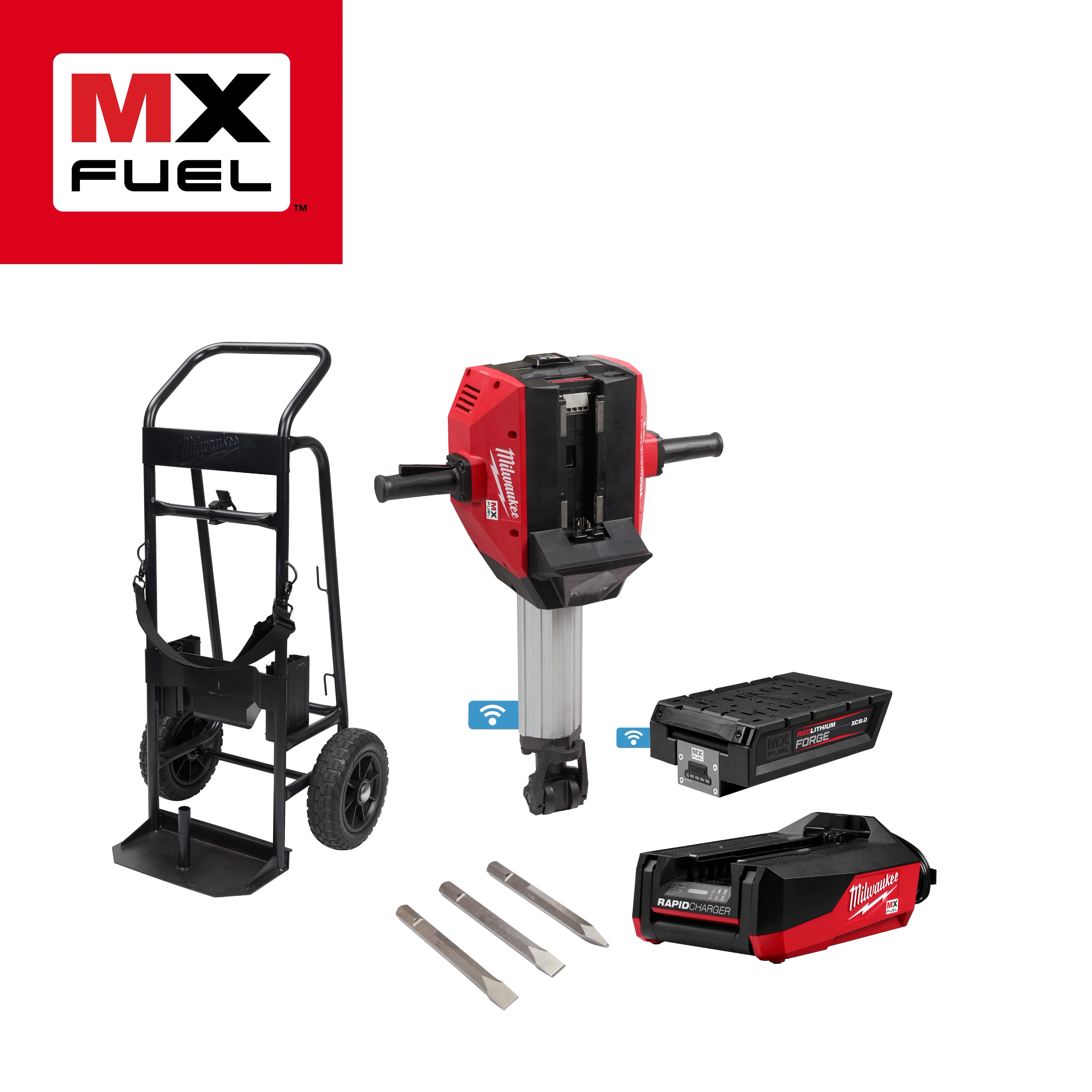 MX FUEL Breaker Kit includes a red breaker tool, cart, battery, charger, chisels, and is shown with the MX FUEL logo.