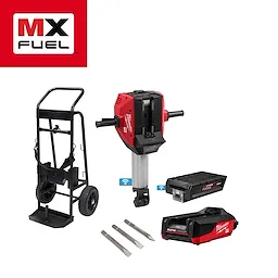 MX FUEL Breaker Kit includes a red breaker tool, cart, battery, charger, chisels, and is shown with the MX FUEL logo.