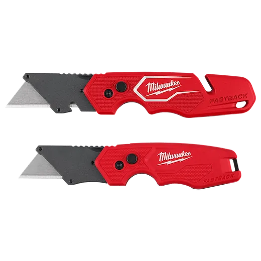 FASTBACK 2pc Folding Utility Knife Set with two red folding utility knives and exposed blades on a plain background