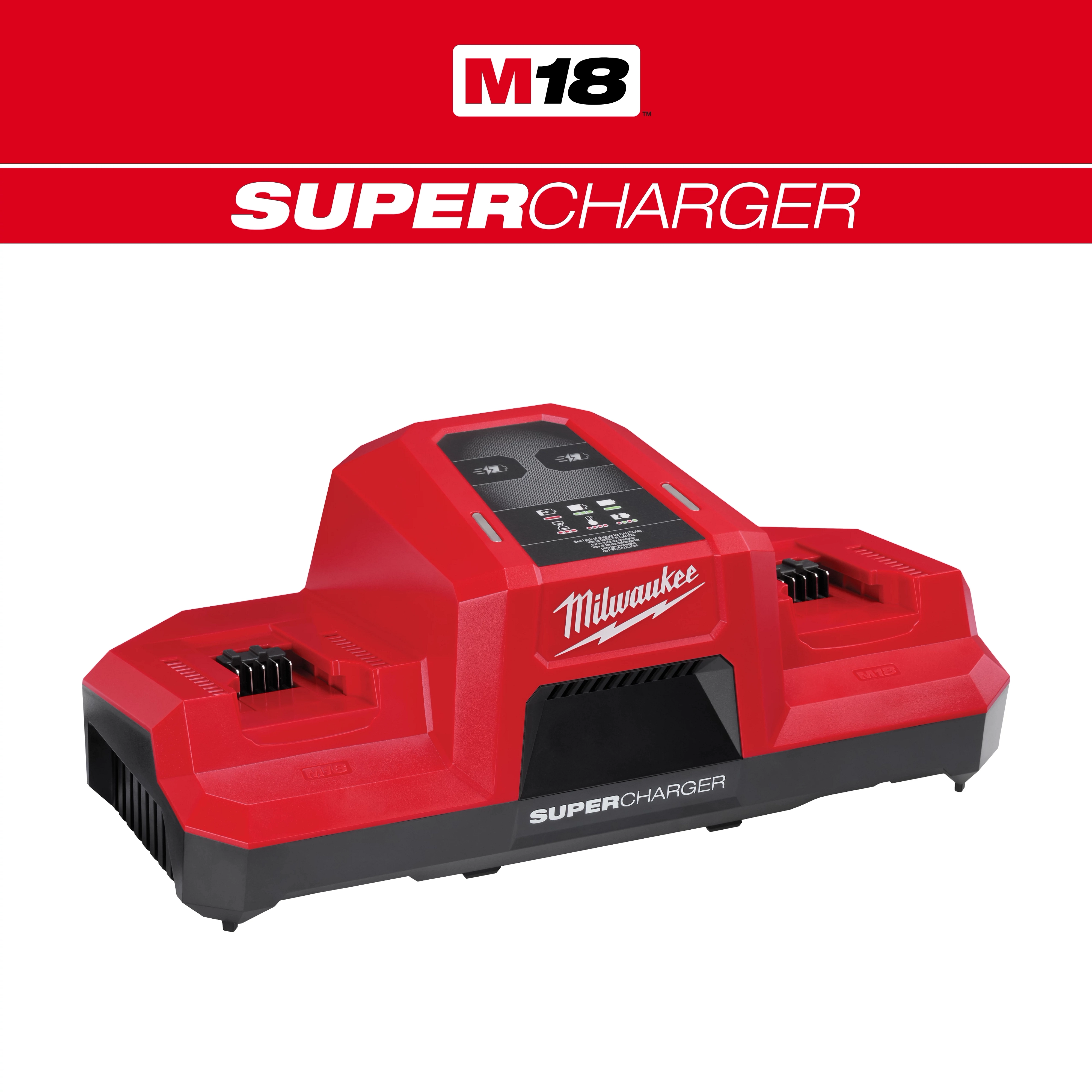 Red M18 Dual Bay Simultaneous Super Charger with two charging ports, branded with Milwaukee logo and "SUPERCHARGER" text underneath.