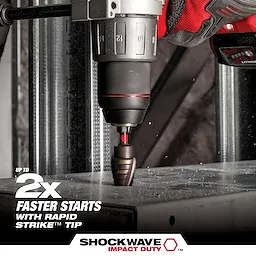 A close-up image of a gloved hand operating a power drill with SHOCKWAVE Step Bits, drilling into a metal surface. Overlay text reads, "Up to 2x faster starts with Rapid Strike Tip" and "SHOCKWAVE IMPACT DUTY." The drill bit appears to be creating smooth, precise holes.