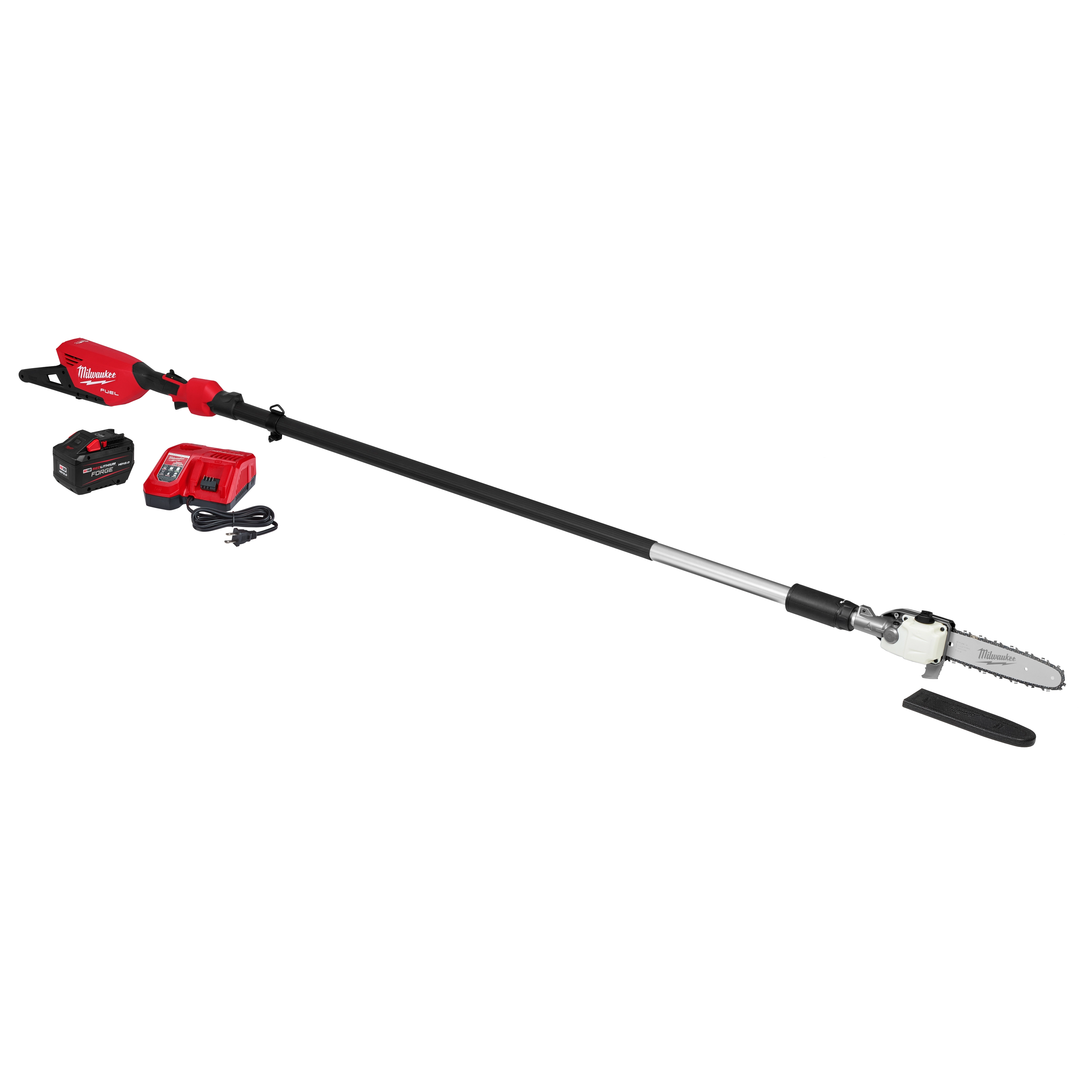 Milwaukee cordless pole saw with charger, battery pack, and protective blade cover shown in an isolated white background.