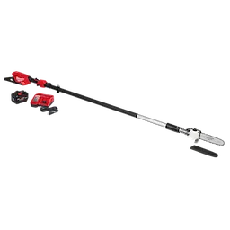 Milwaukee cordless pole saw with charger, battery pack, and protective blade cover shown in an isolated white background.