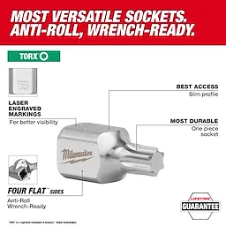 1/4" Drive Low-Profile TORX Bit Socket Set features a slim profile, laser-engraved markings, and anti-roll sides. Includes lifetime guarantee.
