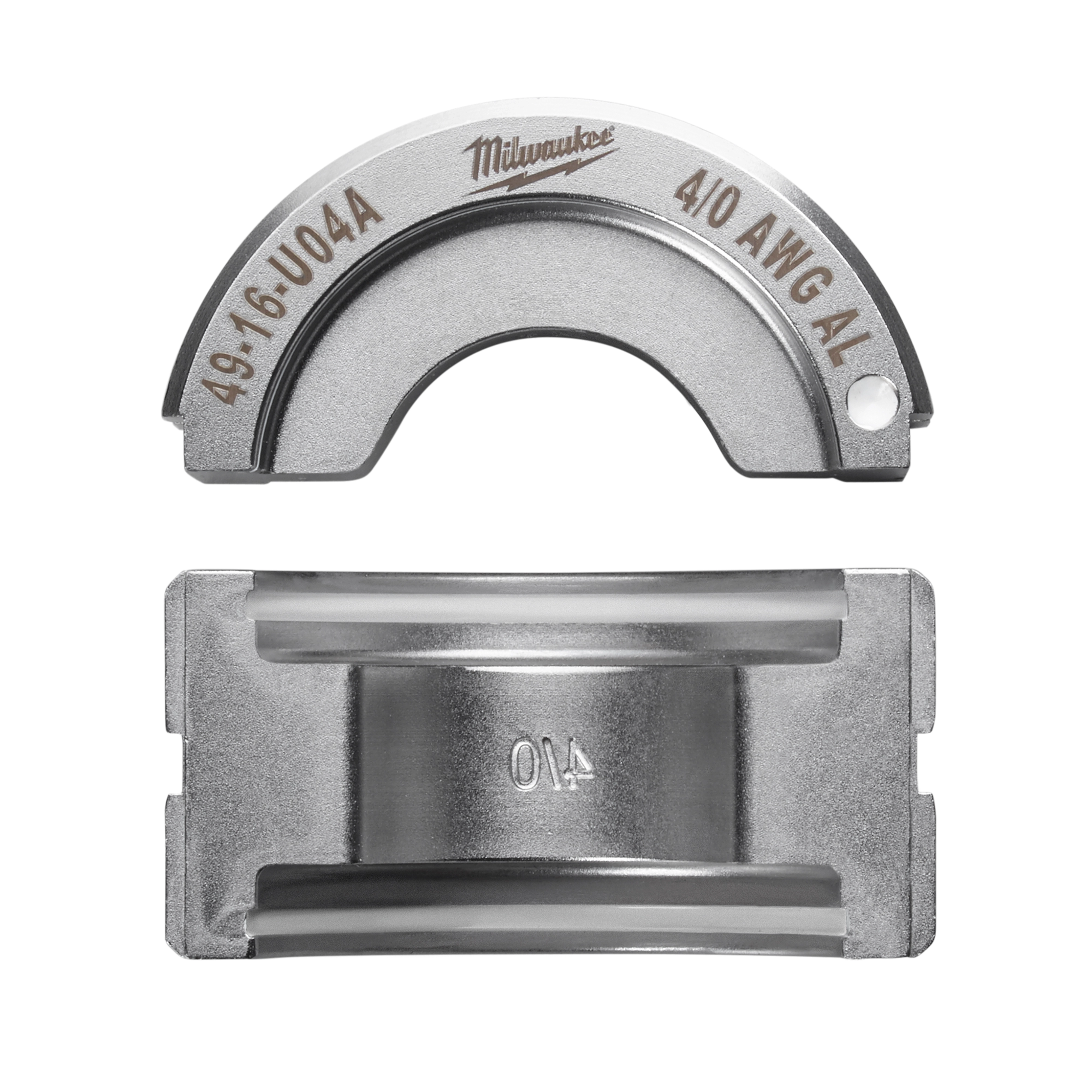 4/0 Aluminum U Style Die, displaying both the top and side views, labeled "49-16-U04A" and "4/0 AWG AL".