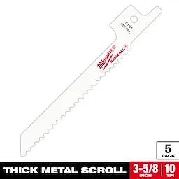 Milwaukee Sawzall thick metal scroll blade, 3-5/8 inch length, 10 TPI, is shown. Pack of 5.