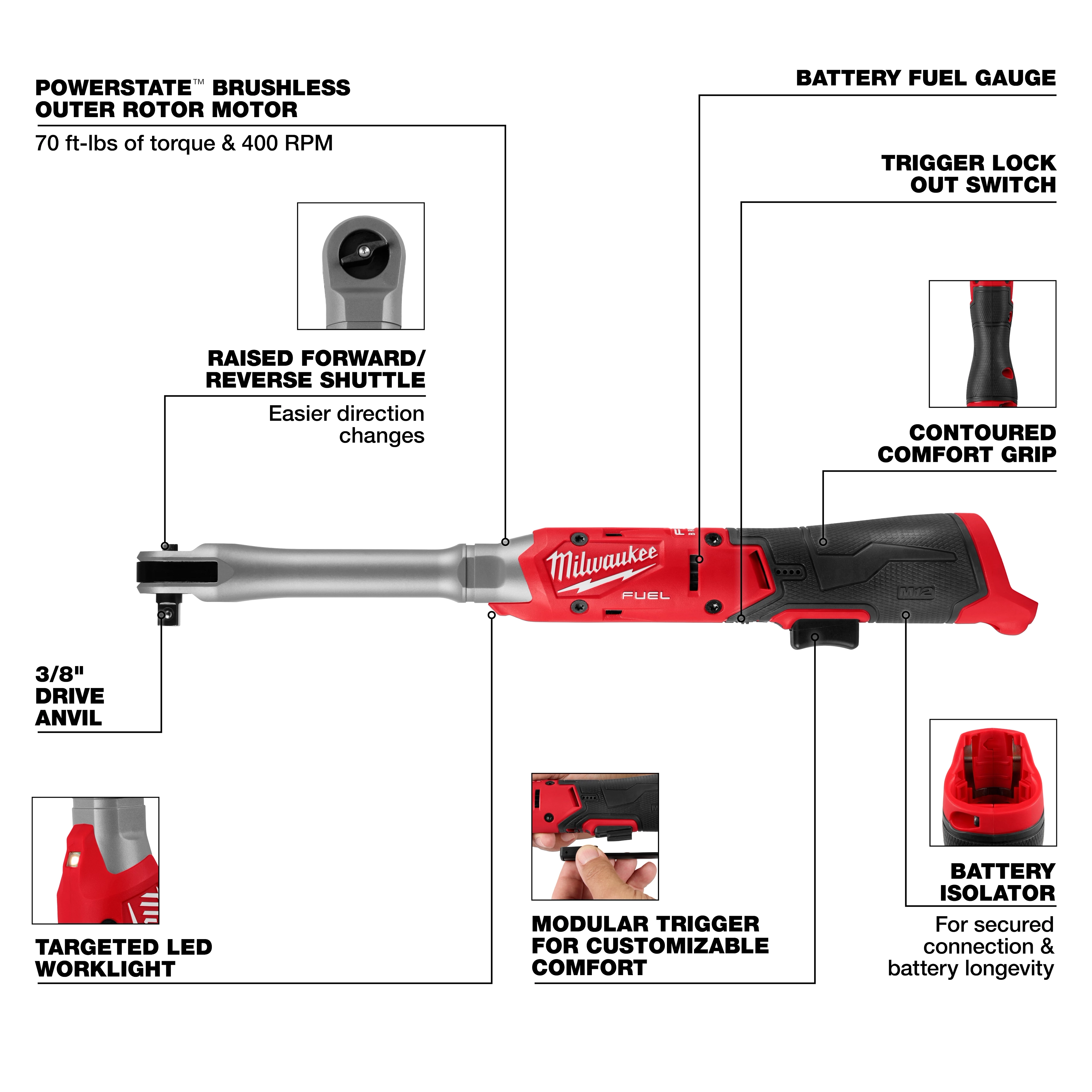 M12 FUEL 3/8" Extended Reach Ratchet tool with labeled features on a plain background.