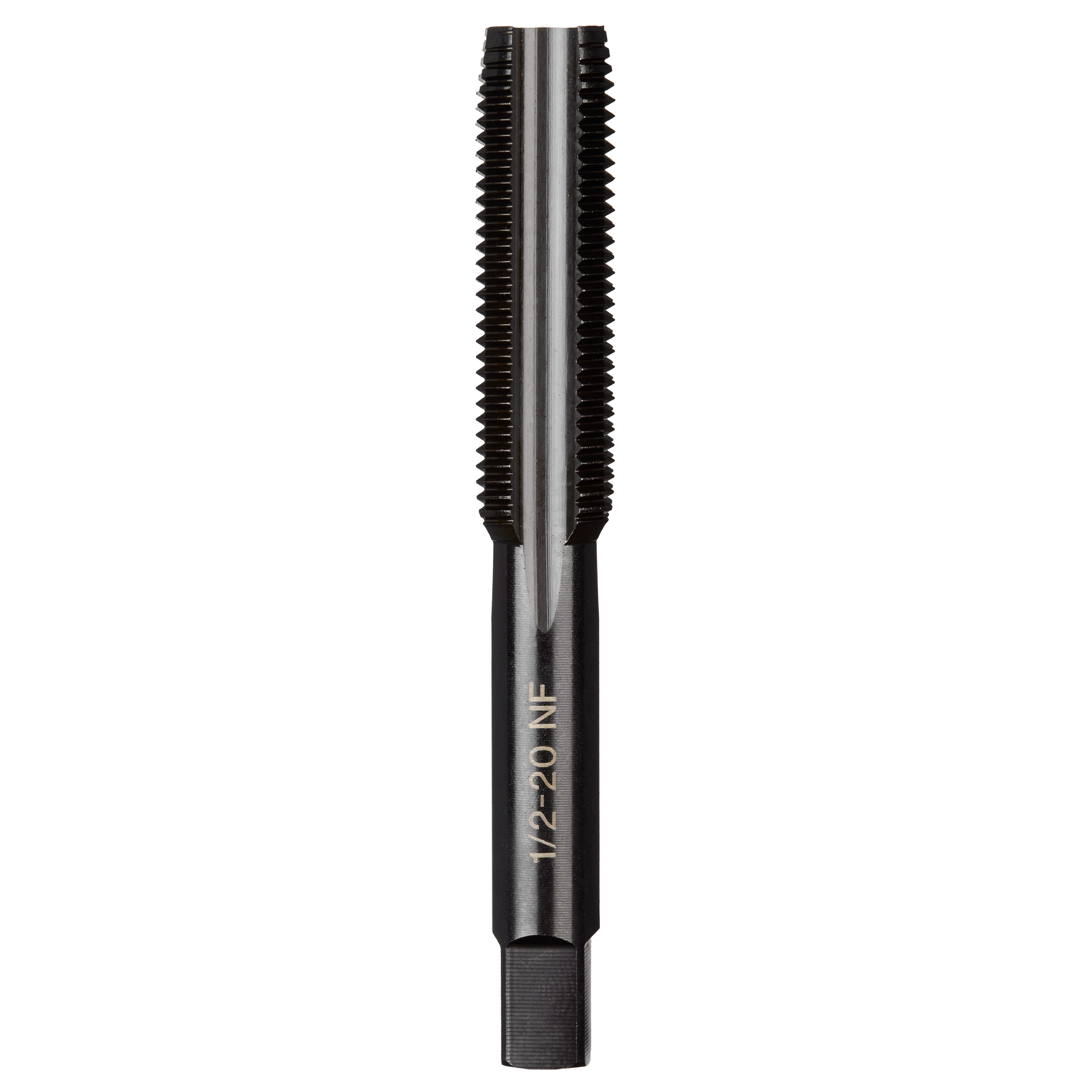 1/2-20 NF Straight Flute Plug Tap made of steel, featuring spiral grooves for cutting threads in a wide variety of materials.