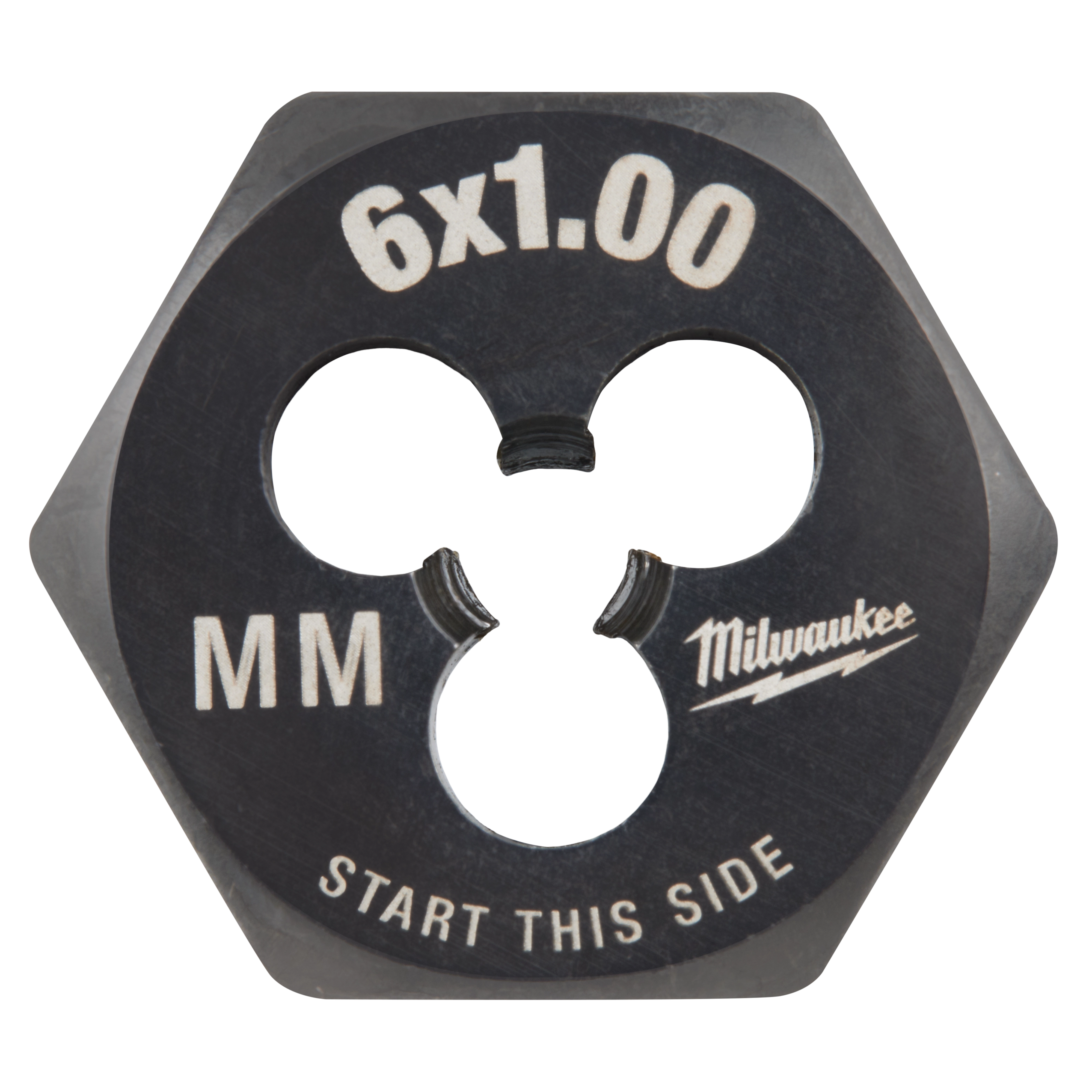 M6-1.00 20mm 1-Inch Hex Die with "6x1.00," "MM," and brand name printed on the black surface, and text "START THIS SIDE."