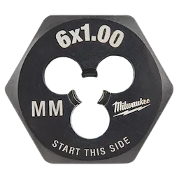 M6-1.00 20mm 1-Inch Hex Die with "6x1.00," "MM," and brand name printed on the black surface, and text "START THIS SIDE."