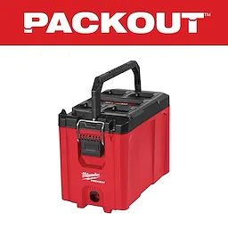 Milwaukee PACKOUT red toolbox with black handle and latching mechanism, designed for modular storage and connectivity with other PACKOUT products.