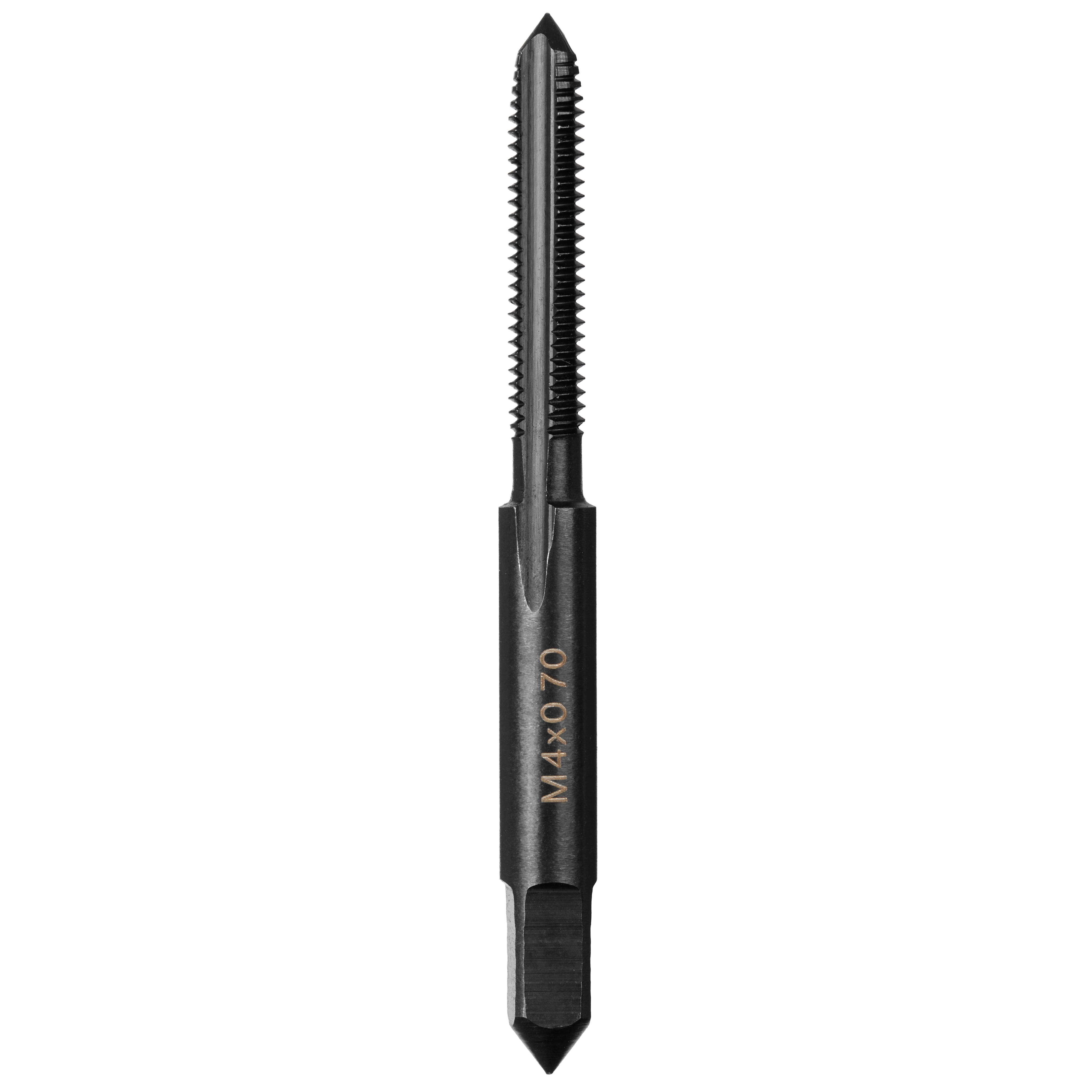 Black M4-0.70 20mm Straight Flute Plug Tap with sharp cutting edges and grooves for tapping threads.