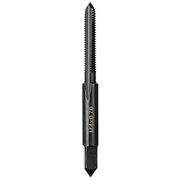 Black M4-0.70 20mm Straight Flute Plug Tap with sharp cutting edges and grooves for tapping threads.